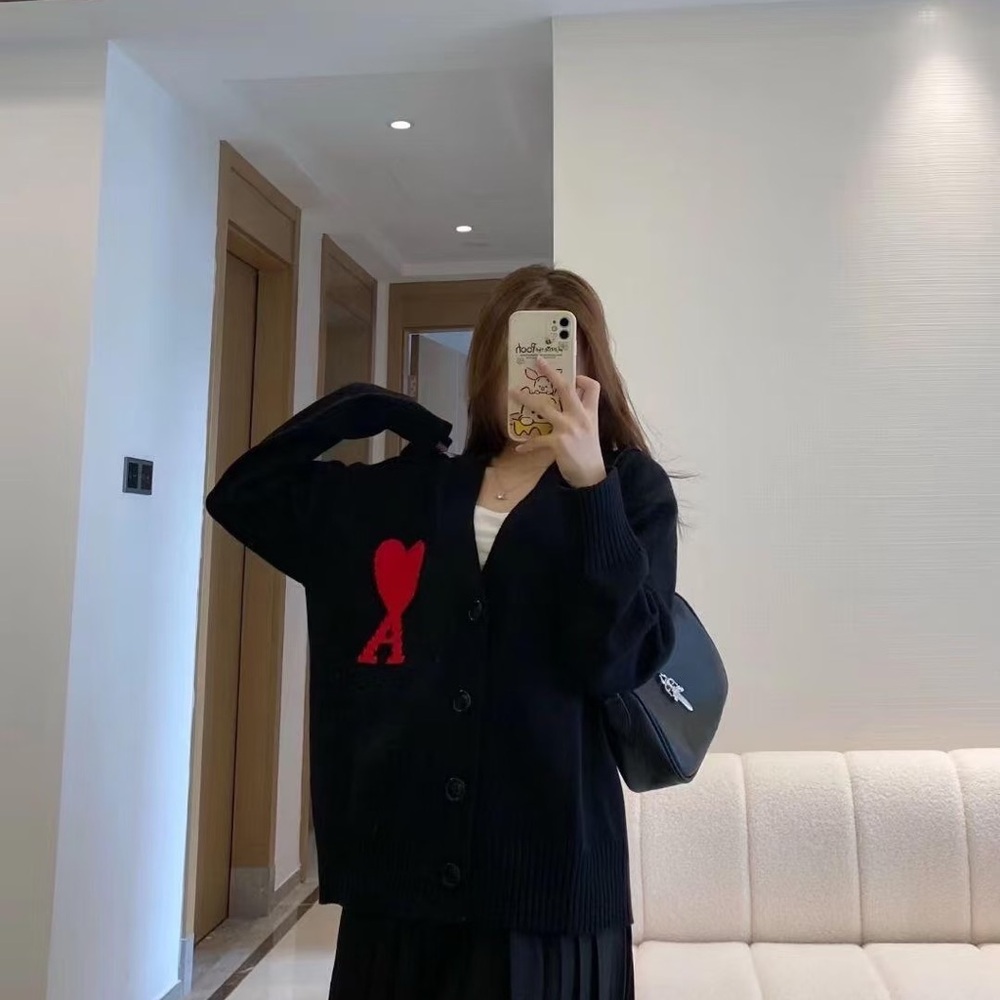 Ami Black Cardigan with Red Heart Accent